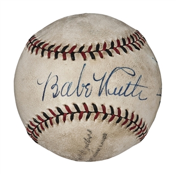 Extremely Bold Babe Ruth Signed Baseball (with Two Additional Signatures) – (JSA)